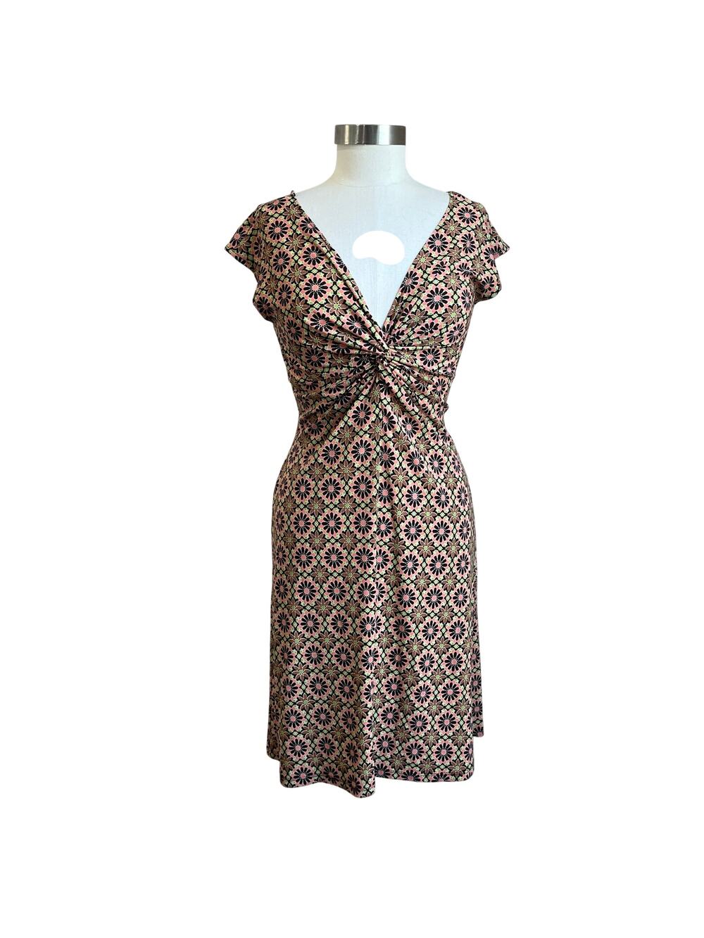 90s Lizzatti Poly Spandex Floral Printed Knot Front V Neck Short Dress Size 10 P